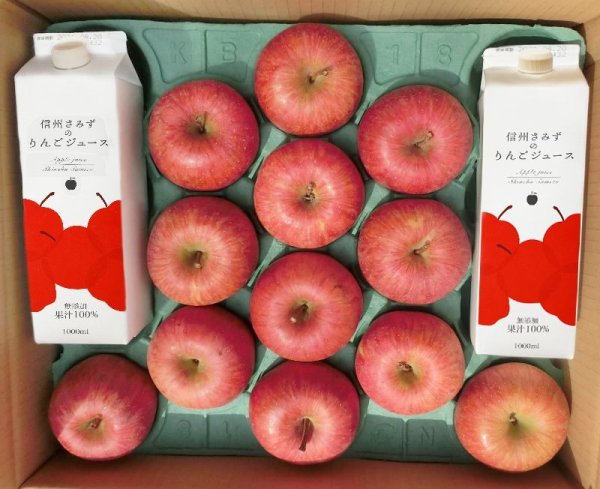 画像1: D-3　 サンふじ（家庭用）3kg+ 無添加 果汁100％りんごジュース1,000ml×2 (1)